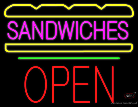 Sandwiches Logo Block Open Green Line Neon Sign 