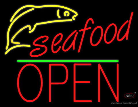 Seafood Logo Block Open Green Line Neon Sign