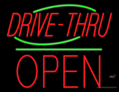 Drive-Thru Block Open Green Line Real Neon Glass Tube Neon Sign 