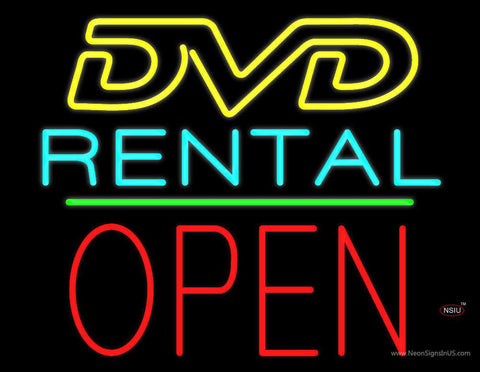 DVD Rental Open Block Green Line Real Neon Glass Tube Neon Sign