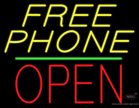 Yellow Free Phone Block Open Green Line Neon Sign 