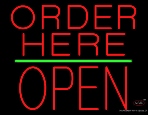 Order Here Block Open Green Line Neon Sign