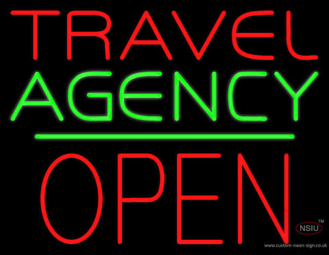 Travel Agency Open Block Green Line Neon Sign