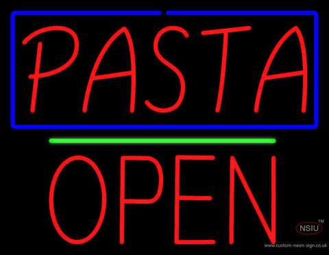 Red Pasta with Blue Border Block Open Neon Sign