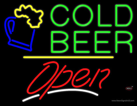 Cold Beer Open Yellow Line Real Neon Glass Tube Neon Sign