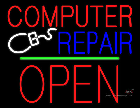 Computer Repair Block Open Green Line Neon Sign 