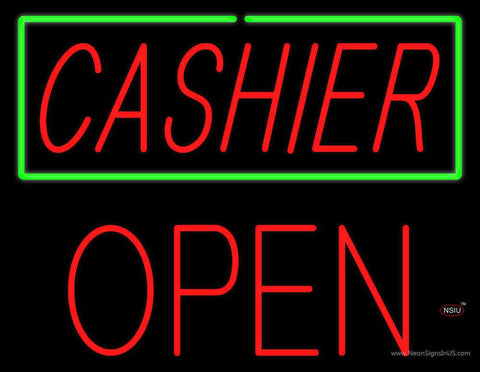 Cashier with Green Border Block Open Real Neon Glass Tube Neon Sign