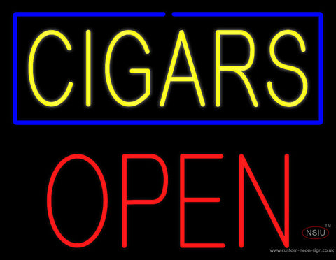 Yellow Cigars Blue Border Open Block Neon Sign