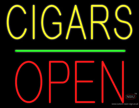 Yellow Cigars Red Block Open Green Line Neon Sign