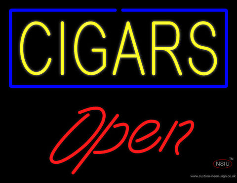 Yellow Cigars Blue Border Open Neon Sign