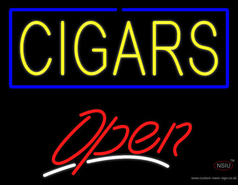 Yellow Cigars Blue Border Red Open Neon Sign