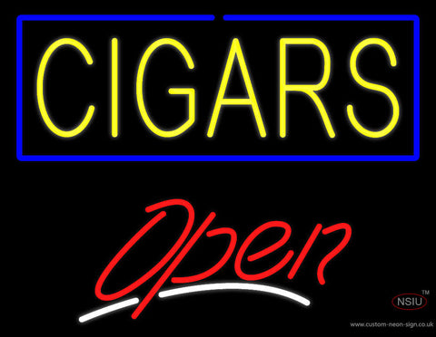 Yellow Cigars Blue Border Red Open Neon Sign 