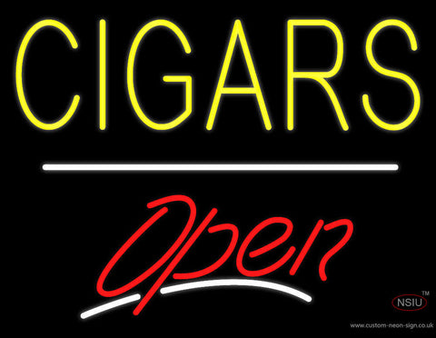 Yellow Cigars Open White Line Neon Sign