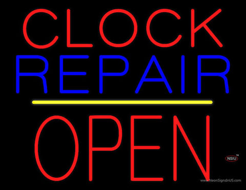 Clock Repair Block Open Yellow Line Real Neon Glass Tube Neon Sign 