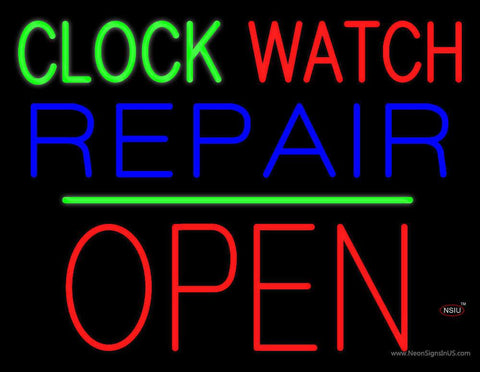 Clock Watch Repair Block Open Green Line Real Neon Glass Tube Neon Sign 