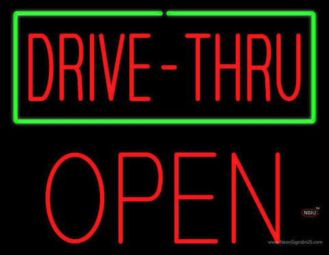 Drive-Thru with Green Border Block Open Real Neon Glass Tube Neon Sign 