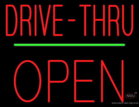 Red Drive-Thru Block Open Green Line Neon Sign 