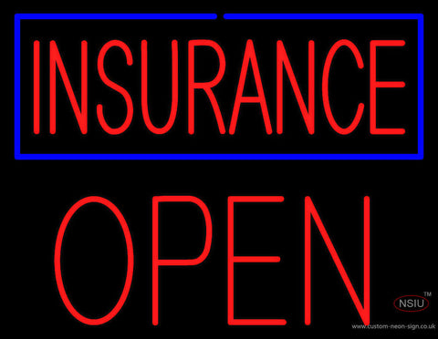 Red Insurance Blue Border Open Block Neon Sign 