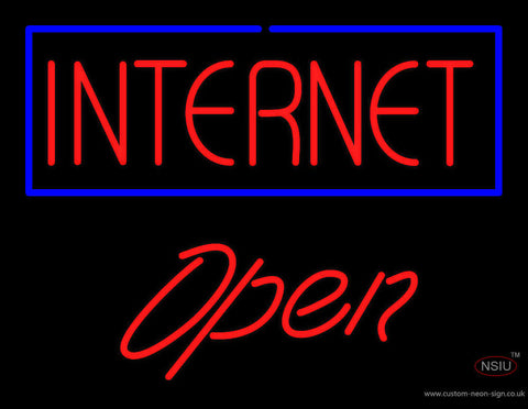 Red Internet Block Blue Border Open Neon Sign 