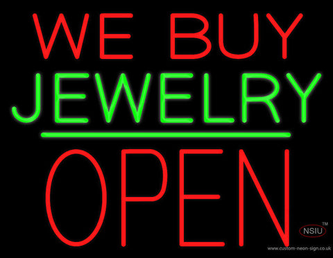 We Buy Jewelry Block Open Green Line Neon Sign