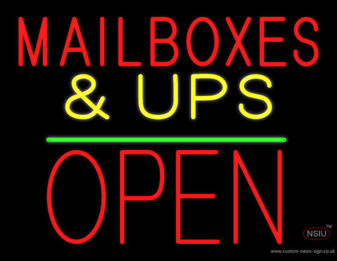 Mail Boxes & UPS Open Block Green Line Neon Sign 