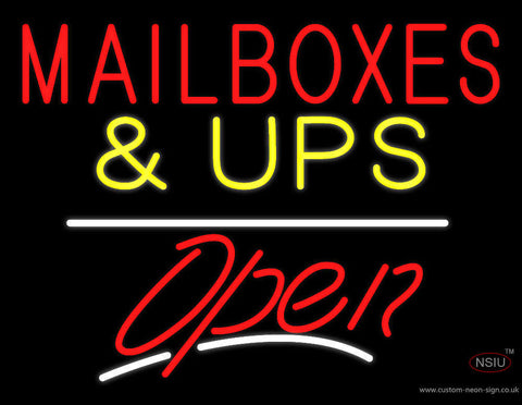 Mail Boxes and UPS Block Open White Line Neon Sign