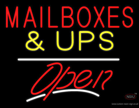 Mail Boxes and UPS Block Open White Line Neon Sign 