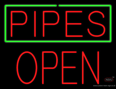 Red Pipes with Green Border Block Open Neon Sign