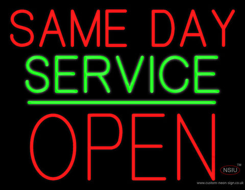 Same Day Service Block Open Green Line Neon Sign 