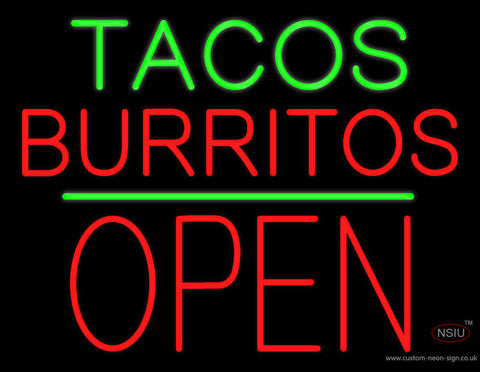 Tacos Burritos Block Open Green Line Neon Sign 