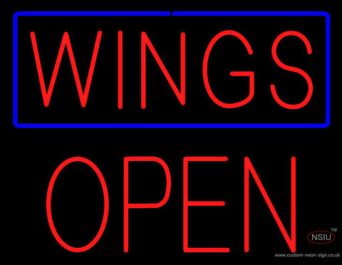 Wings with Blue Border Block Open Neon Sign 