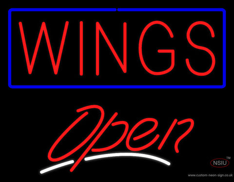 Wings with Blue Border Open Neon Sign 