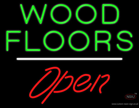 Wood Floors Script Open White Line Neon Sign