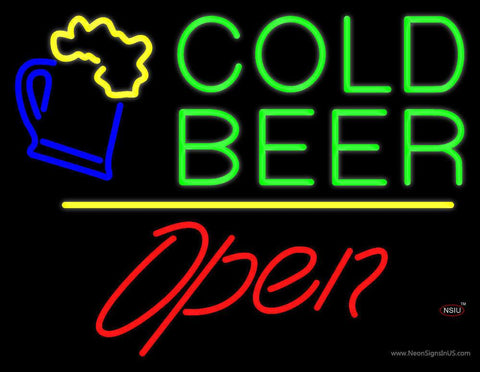 Cold Beer with Yellow Line Open Real Neon Glass Tube Neon Sign