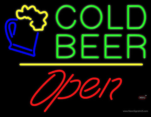 Cold Beer with Yellow Line Open Real Neon Glass Tube Neon Sign 