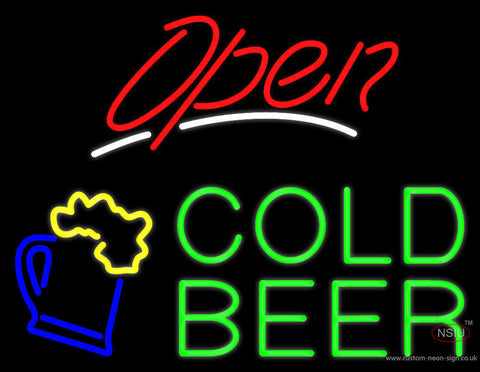 Open Cold Beer with Beer Mug Neon Sign