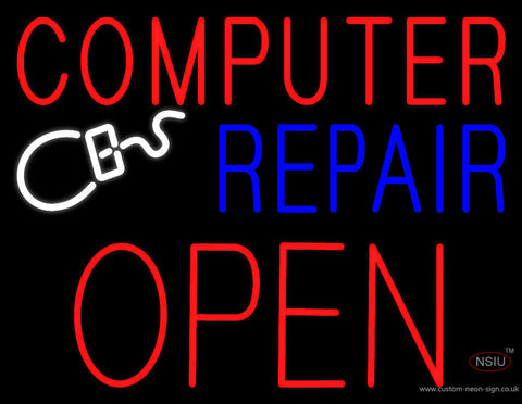 Red Computer Repair Block Open Neon Sign 