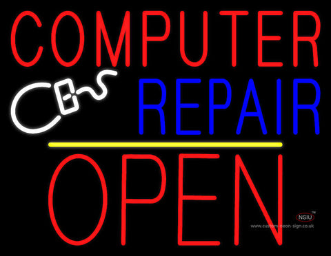 Red Computer Repair Block open Yellow Line Neon Sign 