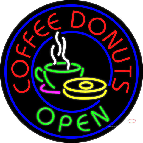 Round Red Coffee Donuts Open Neon Sign