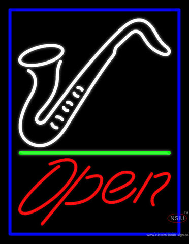 White Saxophone Red Open Blue Border and Green Line  Neon Sign