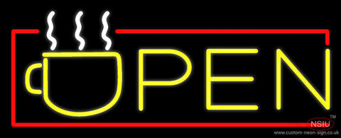 Yellow Tea Open With Red Border Neon Sign 