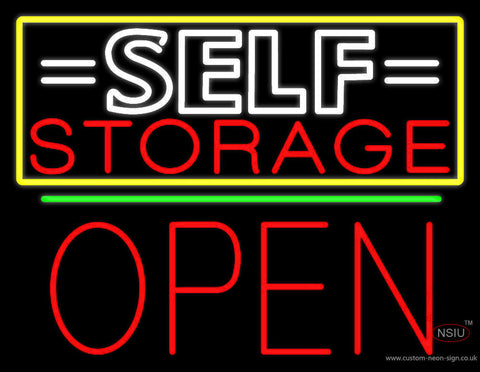 White Self Storage Block With Open  Neon Sign 
