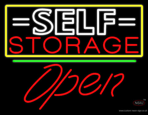 White Self Storage Block With Open  Neon Sign