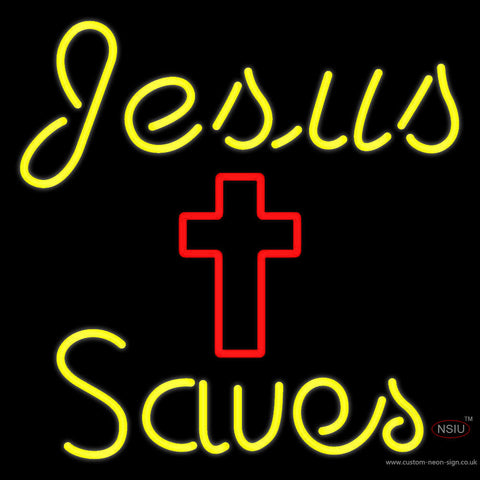 Yellow Jesus Saves With Cross Neon Sign 