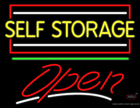 Yellow Self Storage Block With Open  Neon Sign 