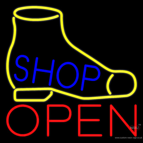 Yellow Shoe Blue Shop Open Neon Sign