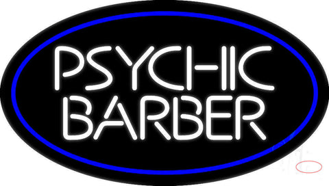 White Psychic Barber With Blue Border Neon Sign 