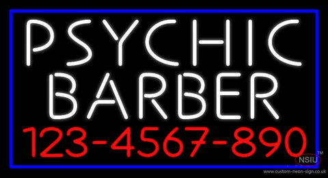 White Psychic Barber With Phone Number Neon Sign 