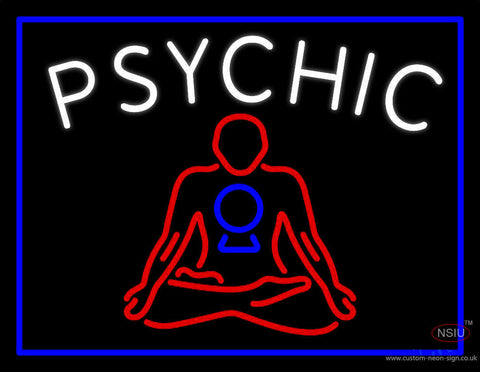 White Psychic Logo With Blue Border Neon Sign 