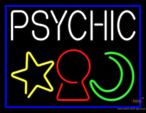 White Psychic With Logo Blue Border Neon Sign 